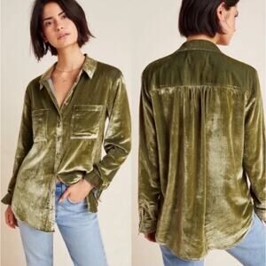 MAEVE Anthropologie Karina Velvet Holly Green Button Up Shirt Size 6